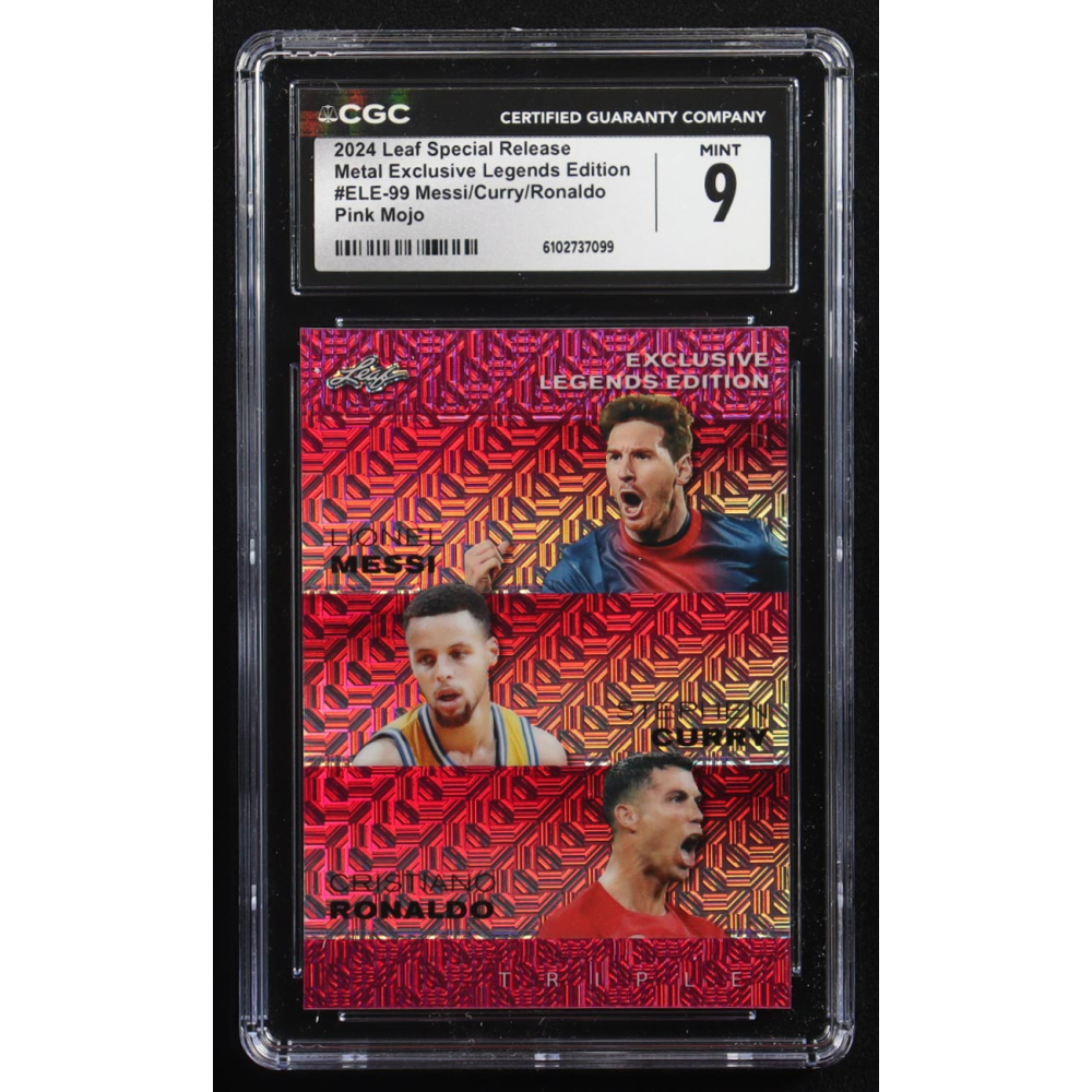 Stephen Curry / Lionel Messi / Cristiano Ronaldo 2024 Leaf Special Release Metal Exclusive Legends Edition Pink Mojo Triple #ELE-99 #2/10 (CGC 9) at PristineAuction.com