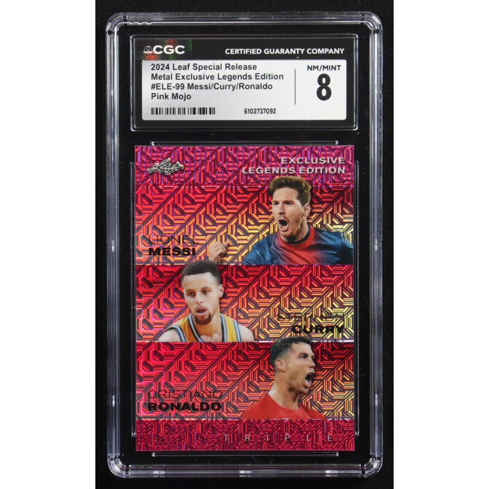 Stephen Curry / Lionel Messi / Cristiano Ronaldo 2024 Leaf Special Release Metal Exclusive Legends Edition Pink Mojo Triple #ELE-99 #9/10 (CGC 8) at PristineAuction.com