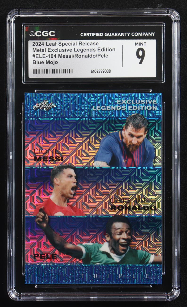 Pele / Lionel Messi / Cristiano Ronaldo 2024 Leaf Special Release Metal Exclusive Legends Edition Blue Mojo Triple #ELE-104 #4/20 (CGC 9) at PristineAuction.com Pele / Lionel Messi / Cristiano Ronaldo 2024 Leaf Special Release Metal Exclusive Legends Edition Blue Mojo Triple #ELE-104 #4/20 (CGC 9) at PristineAuction.com