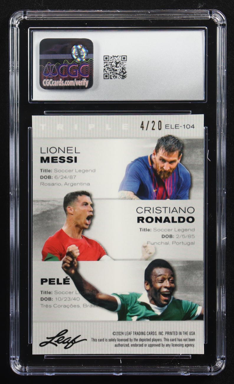 Pele / Lionel Messi / Cristiano Ronaldo 2024 Leaf Special Release Metal Exclusive Legends Edition Blue Mojo Triple #ELE-104 #4/20 (CGC 9) at PristineAuction.com Pele / Lionel Messi / Cristiano Ronaldo 2024 Leaf Special Release Metal Exclusive Legends Edition Blue Mojo Triple #ELE-104 #4/20 (CGC 9) at PristineAuction.com