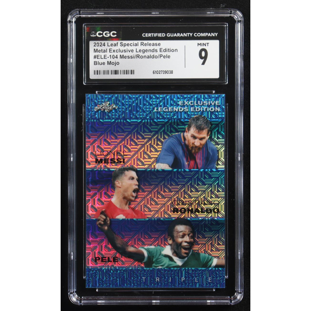 Pele / Lionel Messi / Cristiano Ronaldo 2024 Leaf Special Release Metal Exclusive Legends Edition Blue Mojo Triple #ELE-104 #4/20 (CGC 9) at PristineAuction.com