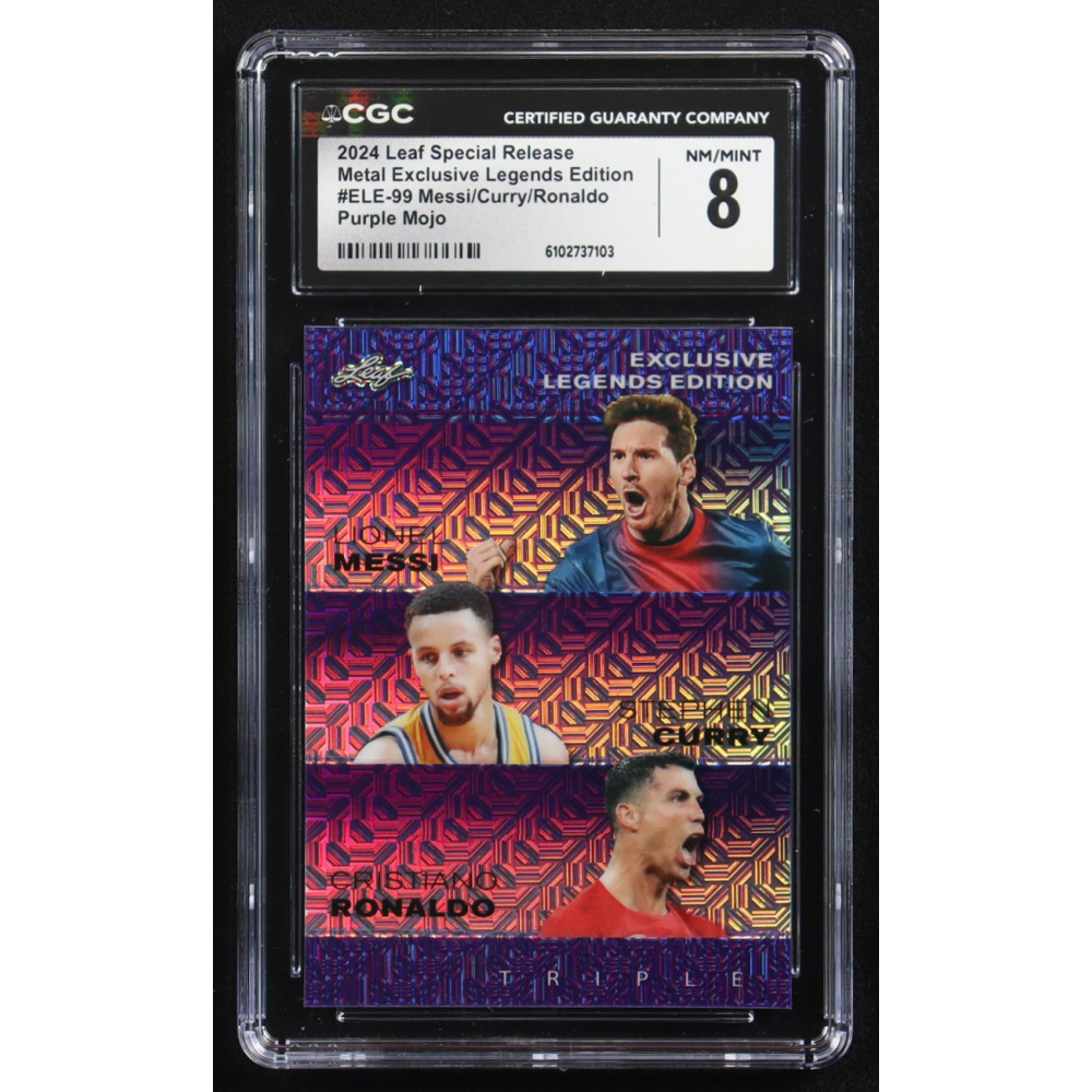 Stephen Curry / Lionel Messi / Cristiano Ronaldo 2024 Leaf Special Release Metal Exclusive Legends Edition Purple Mojo Triple #ELE-99 #12/15 (CGC 8) at PristineAuction.com