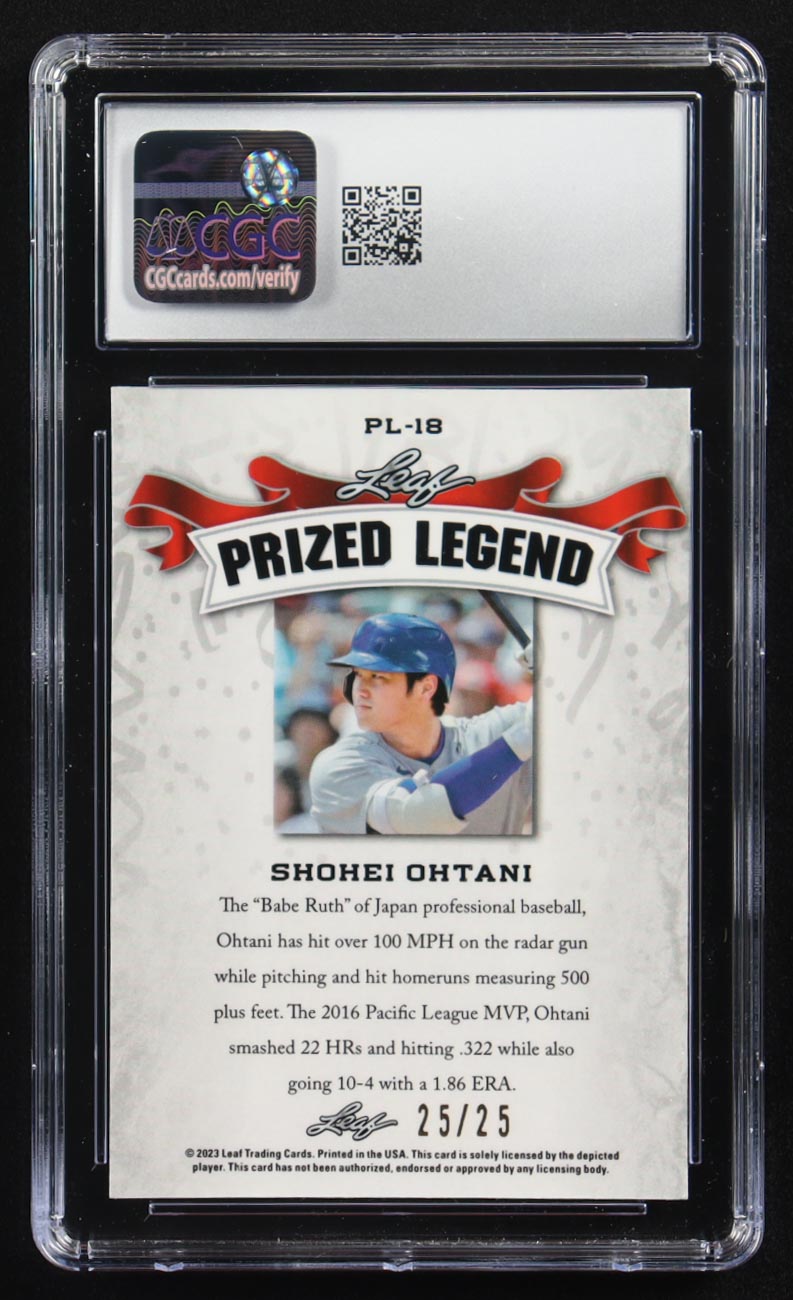 Shohei Ohtani 2023 Leaf Special Release Metal Prized Legend Silver Mojo #PL-18 #25/25 (CGC 9) at PristineAuction.com Shohei Ohtani 2023 Leaf Special Release Metal Prized Legend Silver Mojo #PL-18 #25/25 (CGC 9) at PristineAuction.com