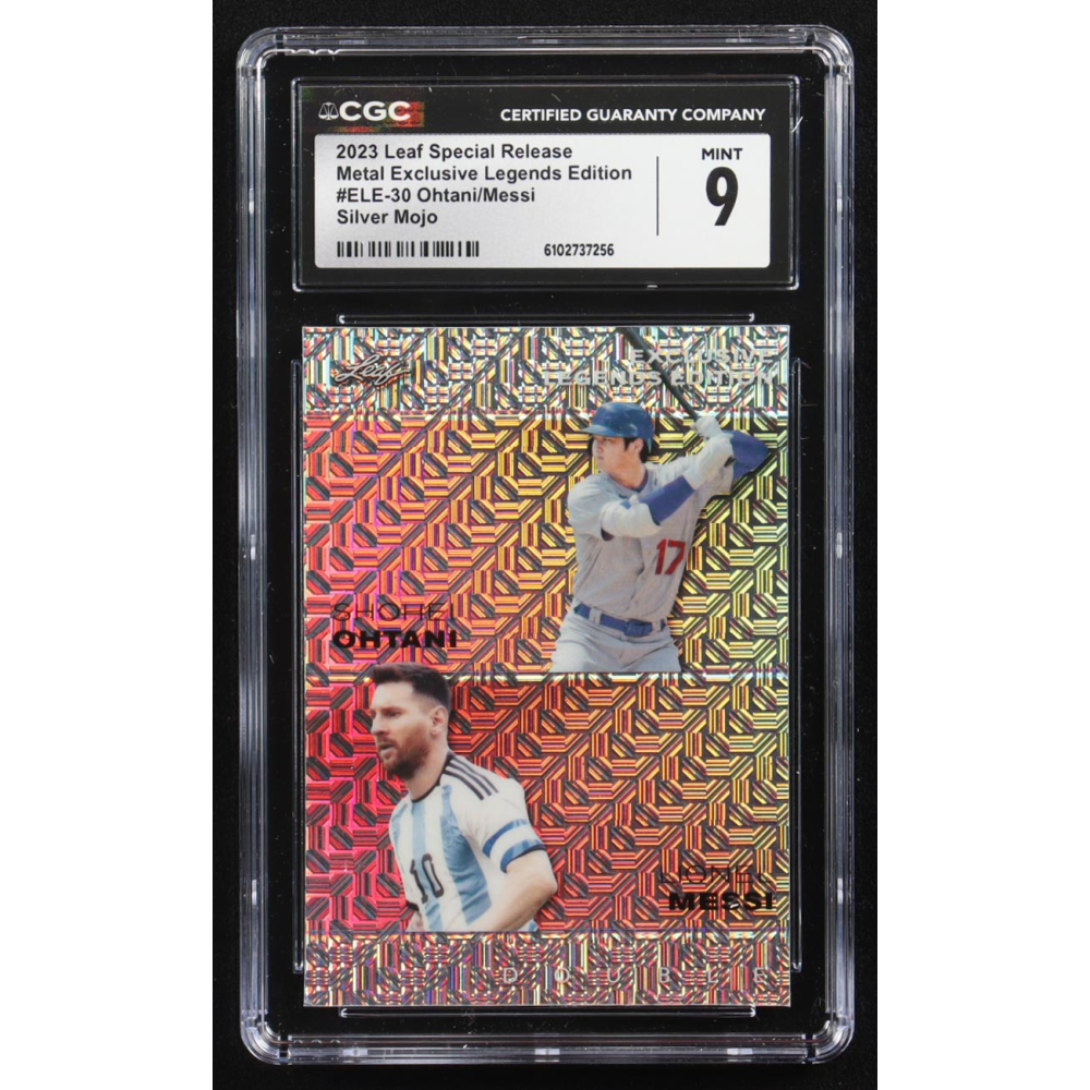 Lionel Messi / Shohei Ohtani 2023 Leaf Special Release Metal Exclusive Legends Edition Silver Mojo Double #ELE-30 #18/25 (CGC 9) at PristineAuction.com