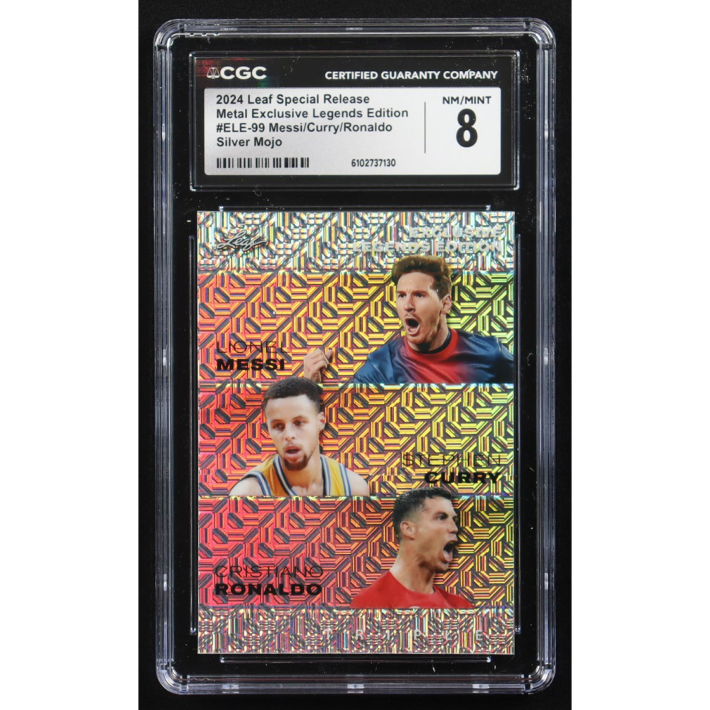 Stephen Curry / Lionel Messi / Cristiano Ronaldo 2024 Leaf Special Release Metal Exclusive Legends Edition Purple Mojo Triple #ELE-99 #15/25 (CGC 8) at PristineAuction.com