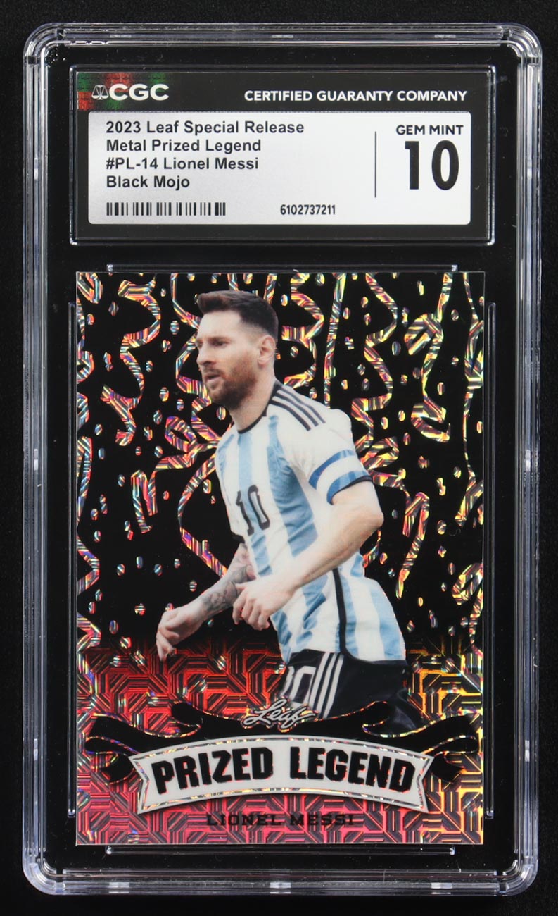 Lionel Messi 2023 Leaf Special Release Metal Prized Legend Black Mojo #PL-14 #5/7 (CGC 10) at PristineAuction.com Lionel Messi 2023 Leaf Special Release Metal Prized Legend Black Mojo #PL-14 #5/7 (CGC 10) at PristineAuction.com