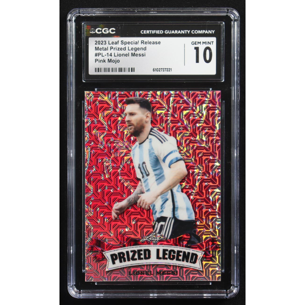 Lionel Messi 2023 Leaf Special Release Metal Prized Legend Pink Mojo #PL-14 #10/10 (CGC 10) at PristineAuction.com