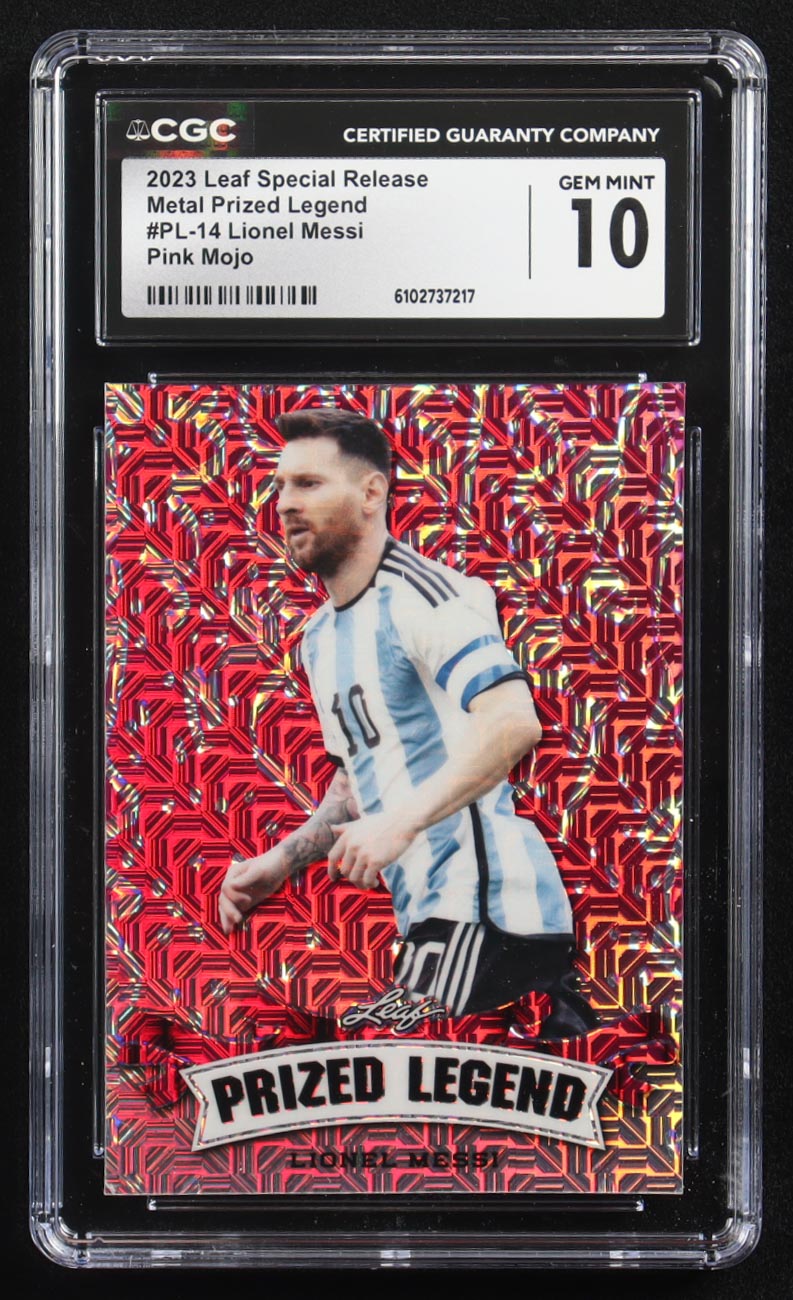 Lionel Messi 2023 Leaf Special Release Metal Prized Legend Pink Mojo #PL-14 #5/10 (CGC 10) at PristineAuction.com Lionel Messi 2023 Leaf Special Release Metal Prized Legend Pink Mojo #PL-14 #5/10 (CGC 10) at PristineAuction.com