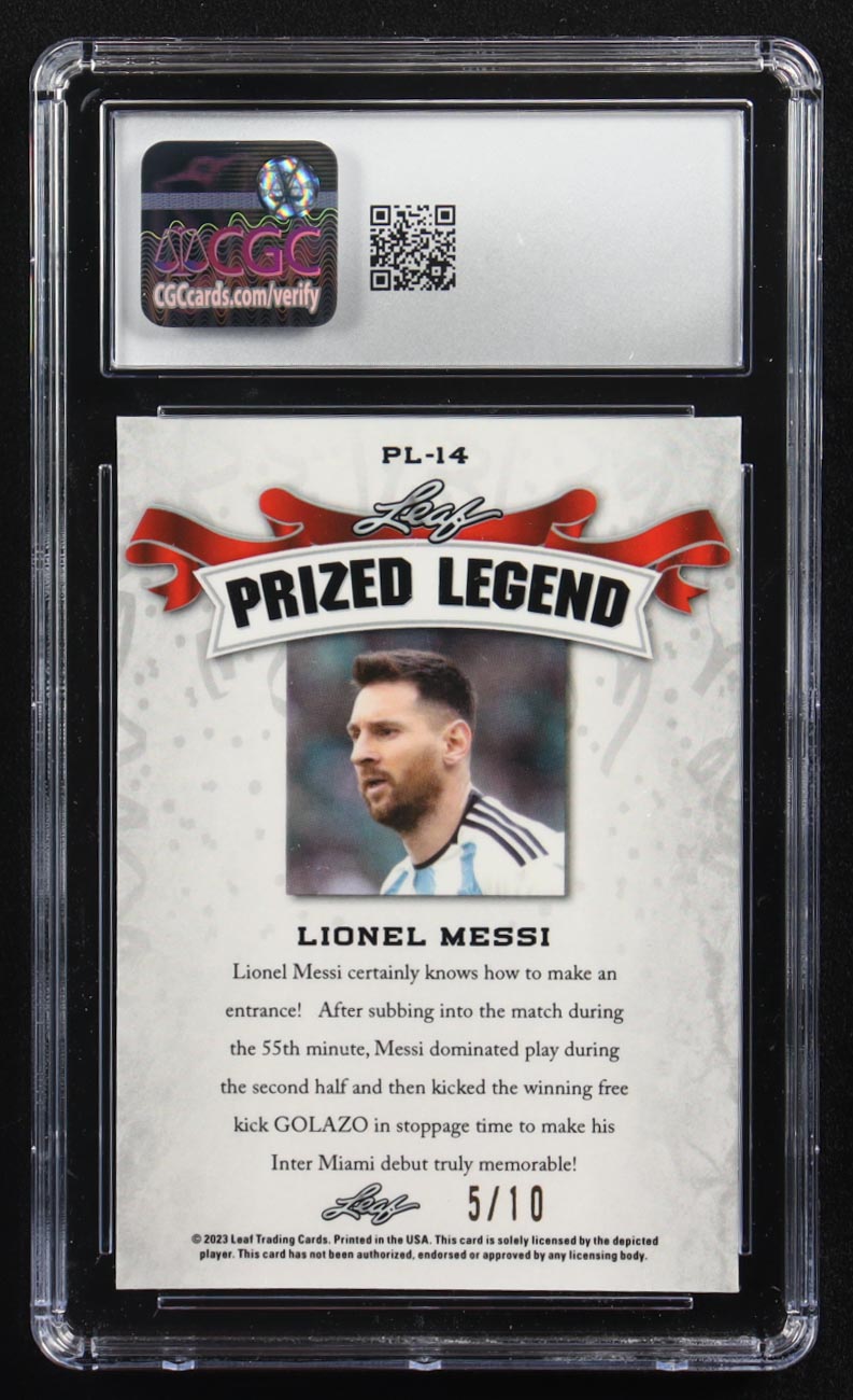 Lionel Messi 2023 Leaf Special Release Metal Prized Legend Pink Mojo #PL-14 #5/10 (CGC 10) at PristineAuction.com Lionel Messi 2023 Leaf Special Release Metal Prized Legend Pink Mojo #PL-14 #5/10 (CGC 10) at PristineAuction.com