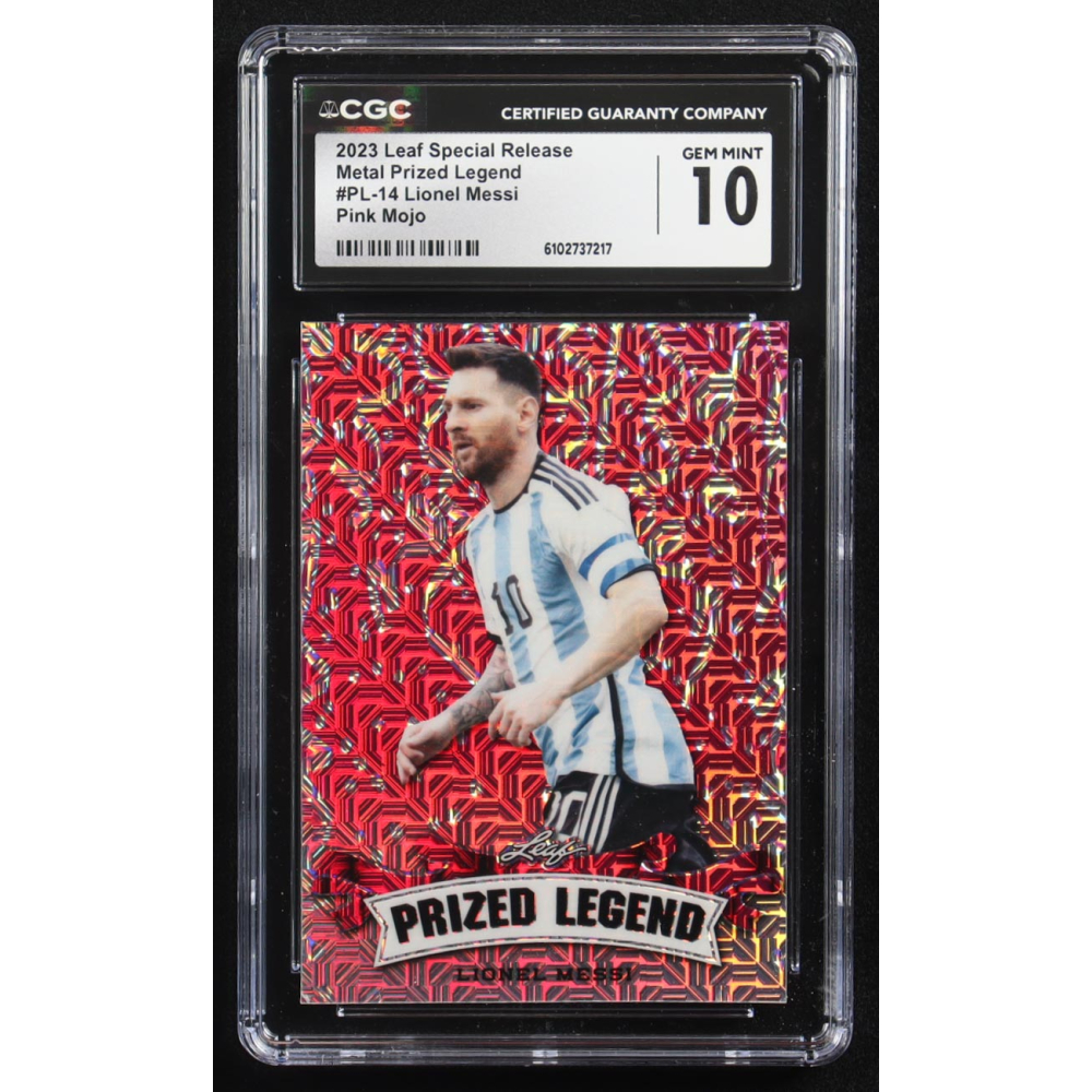 Lionel Messi 2023 Leaf Special Release Metal Prized Legend Pink Mojo #PL-14 #5/10 (CGC 10) at PristineAuction.com