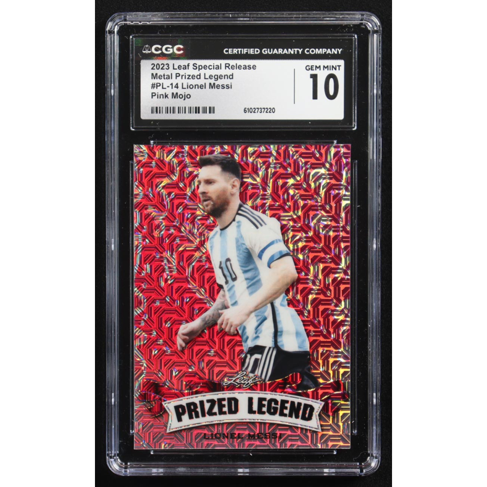 Lionel Messi 2023 Leaf Special Release Metal Prized Legend Pink Mojo #PL-14 #9/10 (CGC 10) at PristineAuction.com