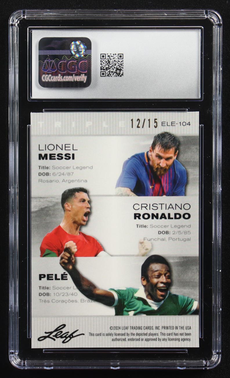 Pele / Lionel Messi / Cristiano Ronaldo 2024 Leaf Special Release Metal Exclusive Legends Edition Purple Mojo Triple #ELE-104 #12/15 (CGC 10) at PristineAuction.com Pele / Lionel Messi / Cristiano Ronaldo 2024 Leaf Special Release Metal Exclusive Legends Edition Purple Mojo Triple #ELE-104 #12/15 (CGC 10) at PristineAuction.com