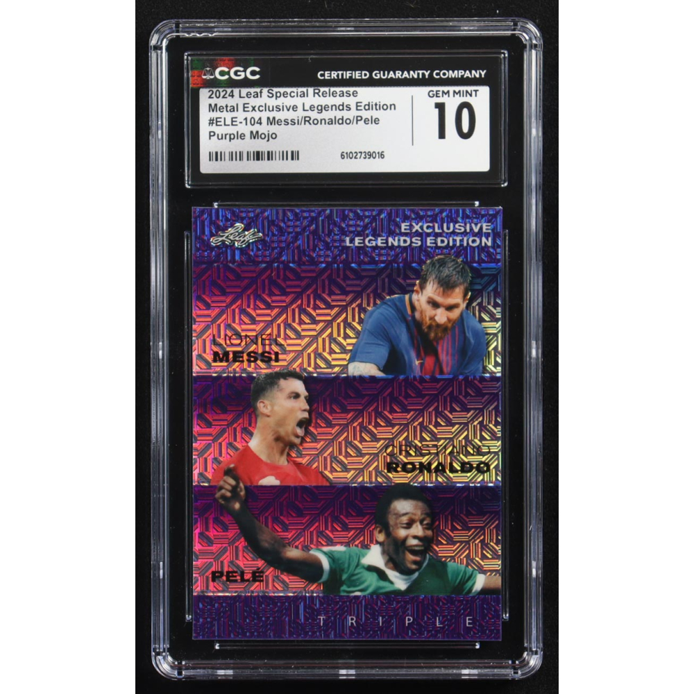 Pele / Lionel Messi / Cristiano Ronaldo 2024 Leaf Special Release Metal Exclusive Legends Edition Purple Mojo Triple #ELE-104 #12/15 (CGC 10) at PristineAuction.com