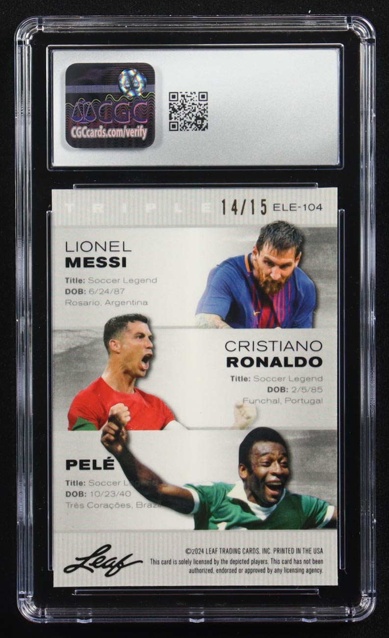 Pele / Lionel Messi / Cristiano Ronaldo 2024 Leaf Special Release Metal Exclusive Legends Edition Purple Mojo Triple #ELE-104 #14/15 (CGC 10) at PristineAuction.com Pele / Lionel Messi / Cristiano Ronaldo 2024 Leaf Special Release Metal Exclusive Legends Edition Purple Mojo Triple #ELE-104 #14/15 (CGC 10) at PristineAuction.com