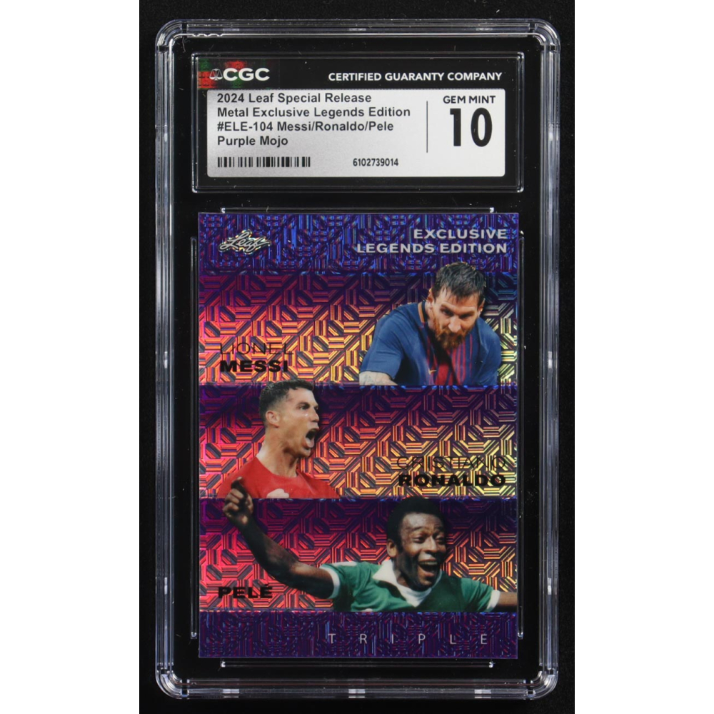 Pele / Lionel Messi / Cristiano Ronaldo 2024 Leaf Special Release Metal Exclusive Legends Edition Purple Mojo Triple #ELE-104 #14/15 (CGC 10) at PristineAuction.com