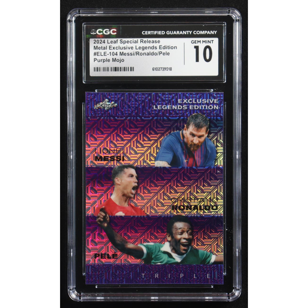 Pele / Lionel Messi / Cristiano Ronaldo 2024 Leaf Special Release Metal Exclusive Legends Edition Purple Mojo Triple #ELE-104 #9/15 (CGC 10) at PristineAuction.com