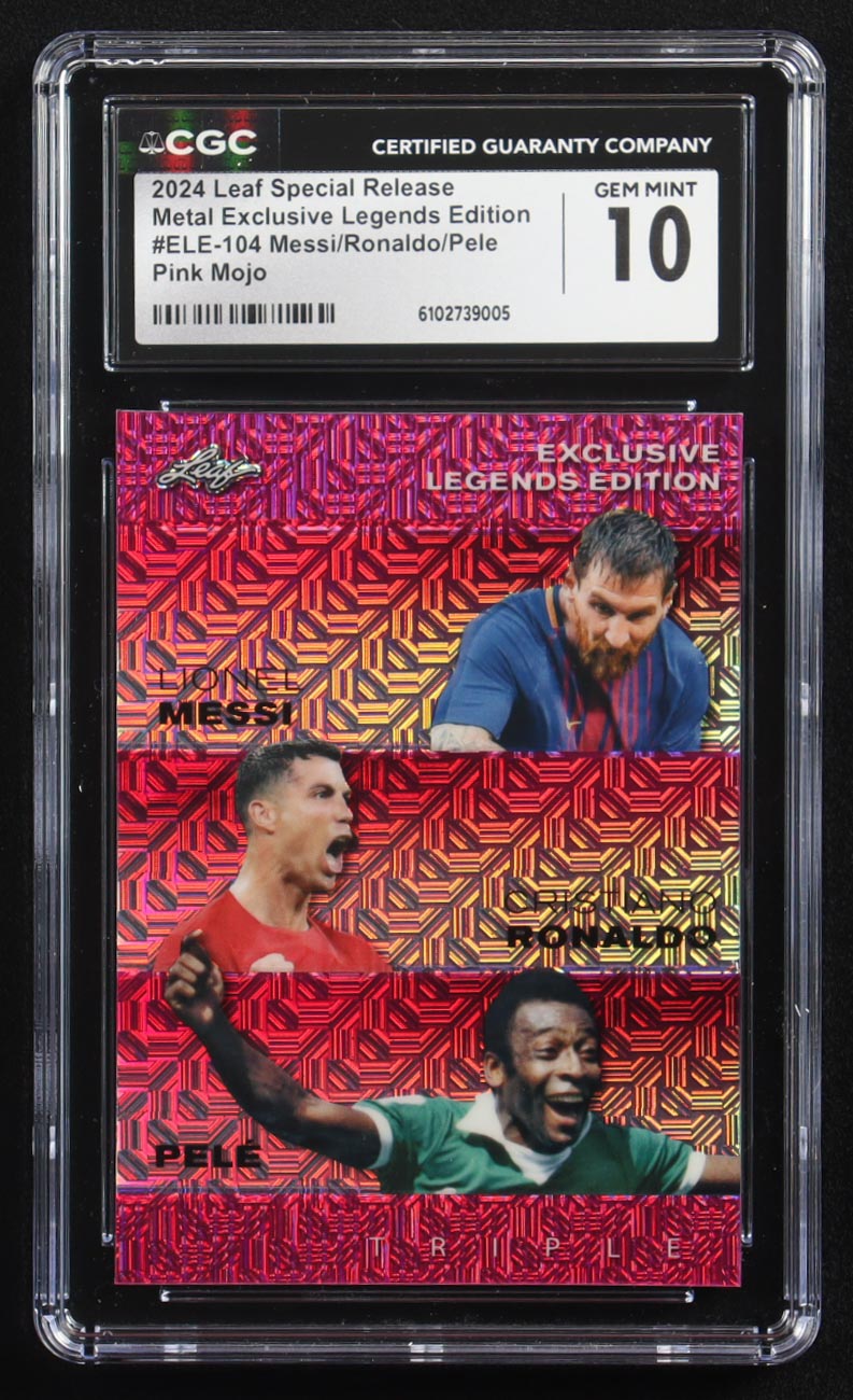 Pele / Lionel Messi / Cristiano Ronaldo 2024 Leaf Special Release Metal Exclusive Legends Edition Pink Mojo Triple #ELE-104 #9/10 (CGC 10) at PristineAuction.com Pele / Lionel Messi / Cristiano Ronaldo 2024 Leaf Special Release Metal Exclusive Legends Edition Pink Mojo Triple #ELE-104 #9/10 (CGC 10) at PristineAuction.com