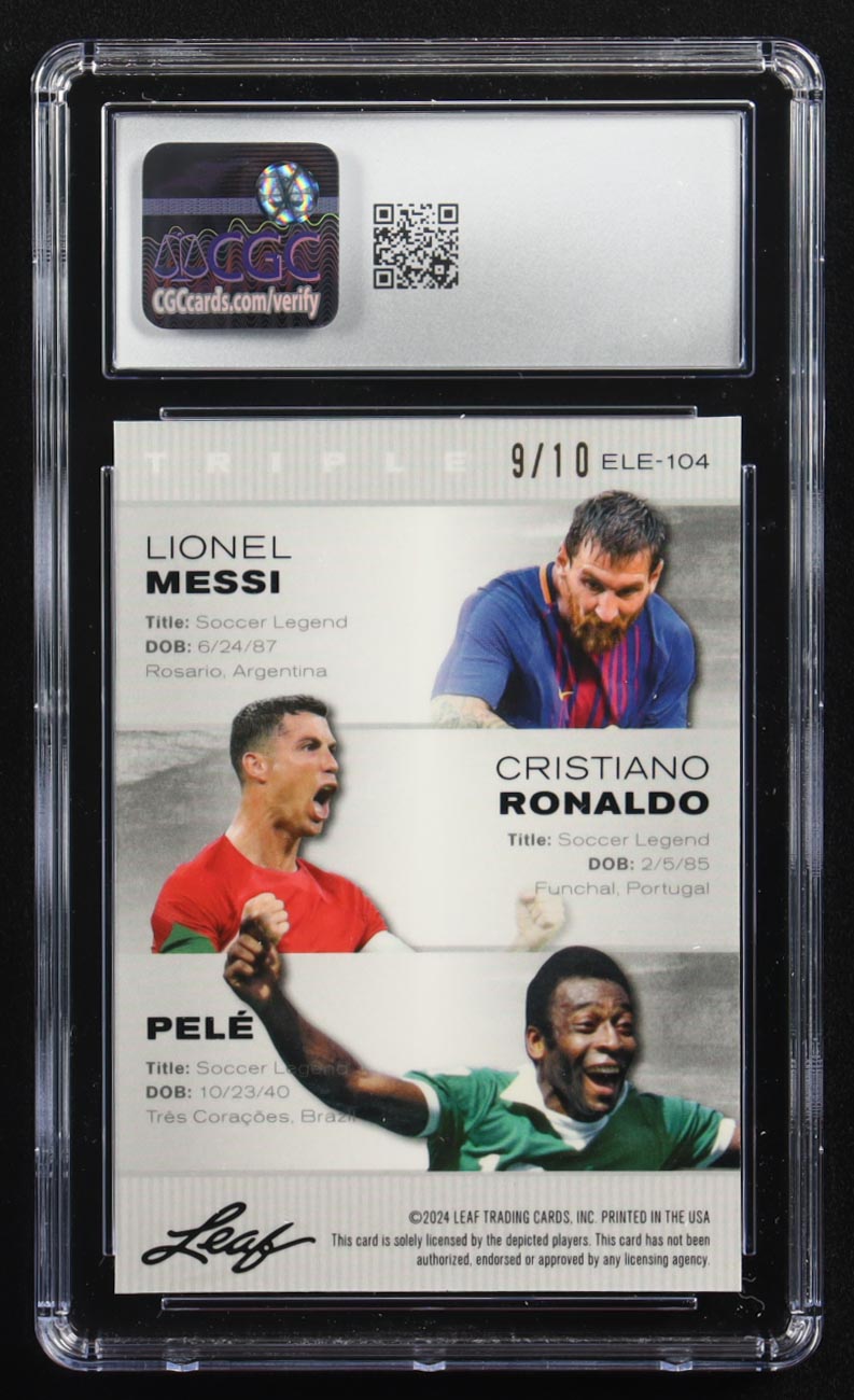 Pele / Lionel Messi / Cristiano Ronaldo 2024 Leaf Special Release Metal Exclusive Legends Edition Pink Mojo Triple #ELE-104 #9/10 (CGC 10) at PristineAuction.com Pele / Lionel Messi / Cristiano Ronaldo 2024 Leaf Special Release Metal Exclusive Legends Edition Pink Mojo Triple #ELE-104 #9/10 (CGC 10) at PristineAuction.com