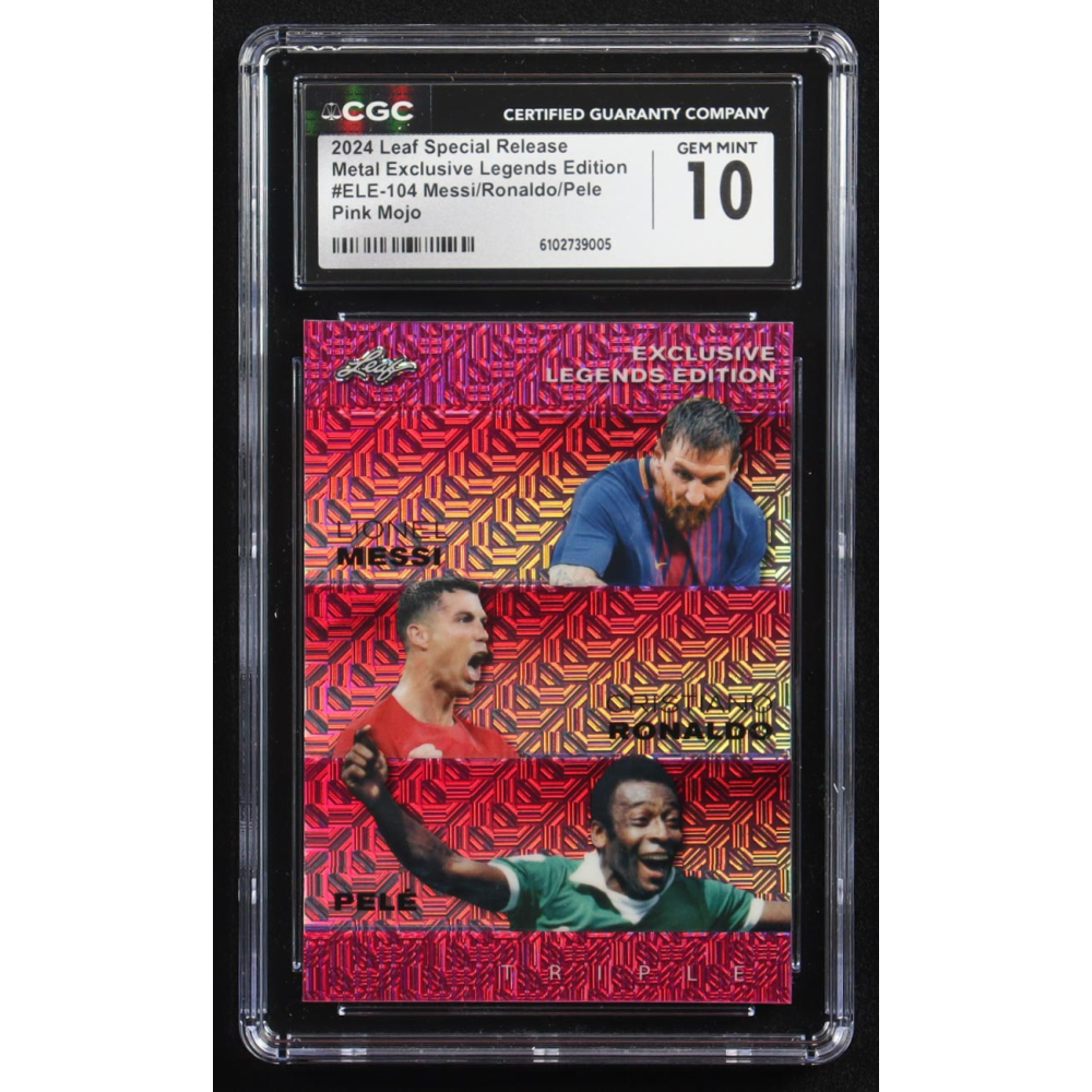 Pele / Lionel Messi / Cristiano Ronaldo 2024 Leaf Special Release Metal Exclusive Legends Edition Pink Mojo Triple #ELE-104 #9/10 (CGC 10) at PristineAuction.com