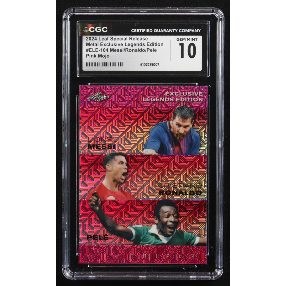 Pele / Lionel Messi / Cristiano Ronaldo 2024 Leaf Special Release Metal Exclusive Legends Edition Pink Mojo Triple #ELE-104 #7/10 (CGC 10) at PristineAuction.com