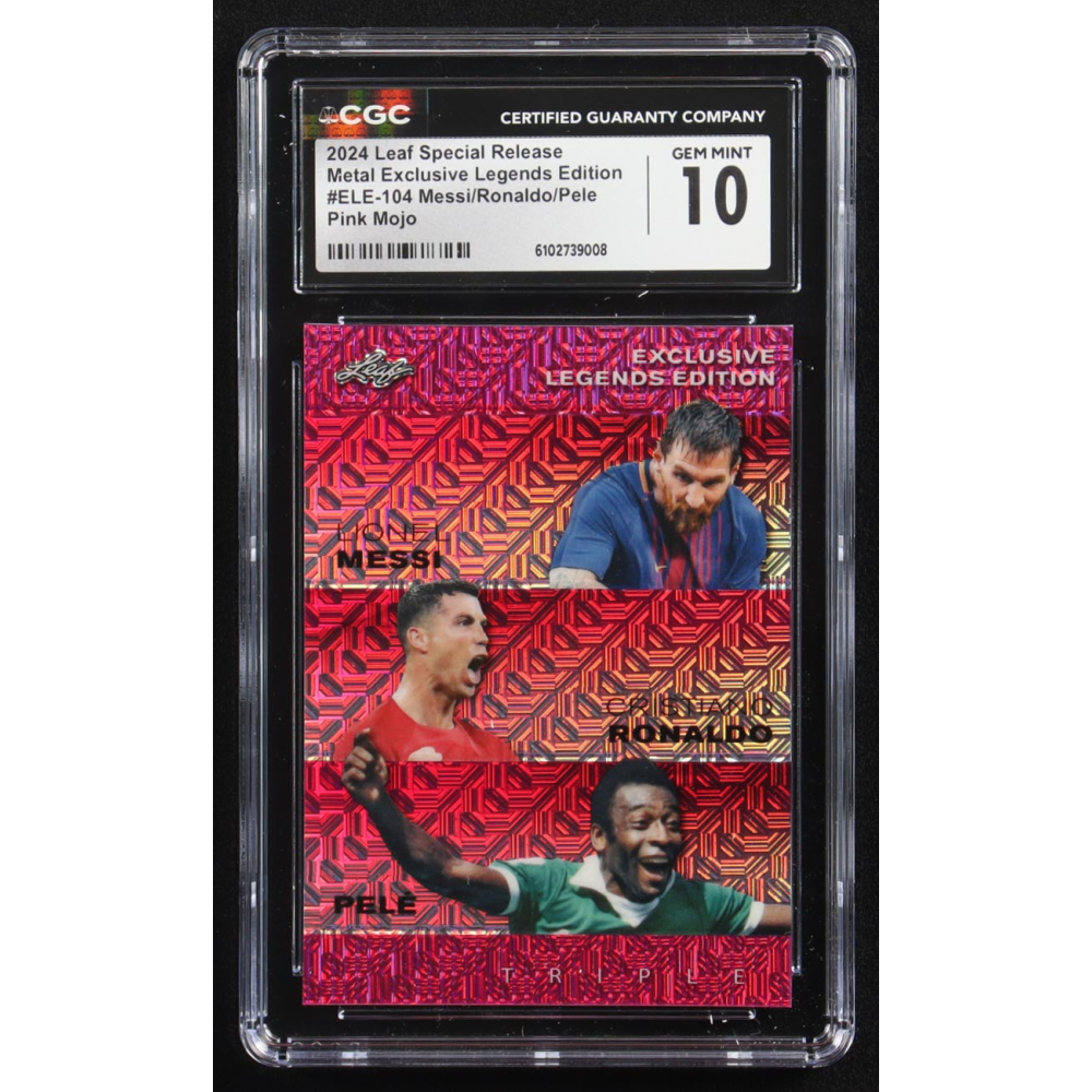 Pele / Lionel Messi / Cristiano Ronaldo 2024 Leaf Special Release Metal Exclusive Legends Edition Pink Mojo Triple #ELE-104 #6/10 (CGC 10) at PristineAuction.com