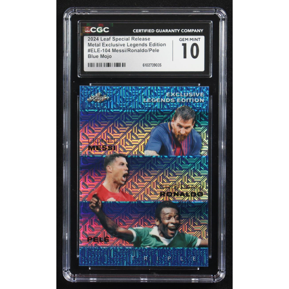 Pele / Lionel Messi / Cristiano Ronaldo 2024 Leaf Special Release Metal Exclusive Legends Edition Blue Mojo Triple #ELE-104 #8/20 (CGC 10) at PristineAuction.com