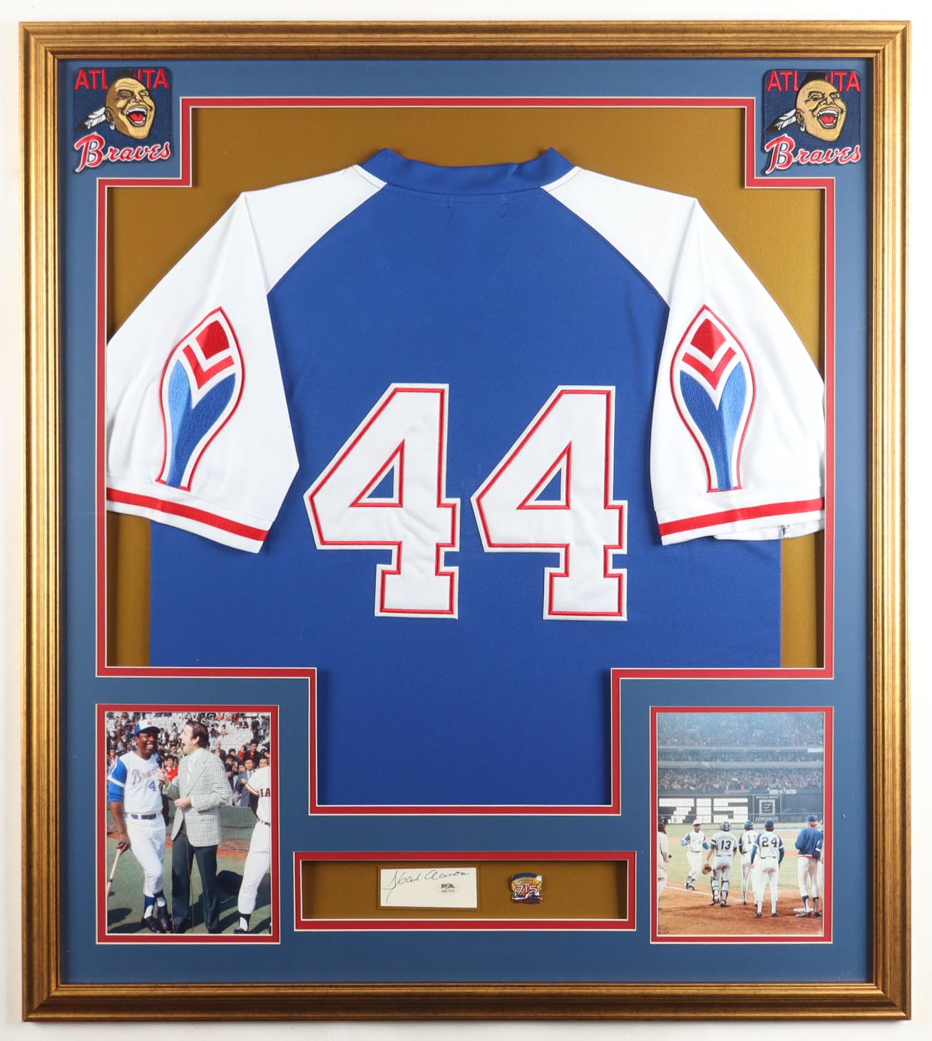 Hank Aaron Signed Custom Framed Cut Display with Jersey & 1974 715 HR Pin (PSA) at PristineAuction.com Hank Aaron Signed Custom Framed Cut Display with Jersey & 1974 715 HR Pin (PSA) at PristineAuction.com