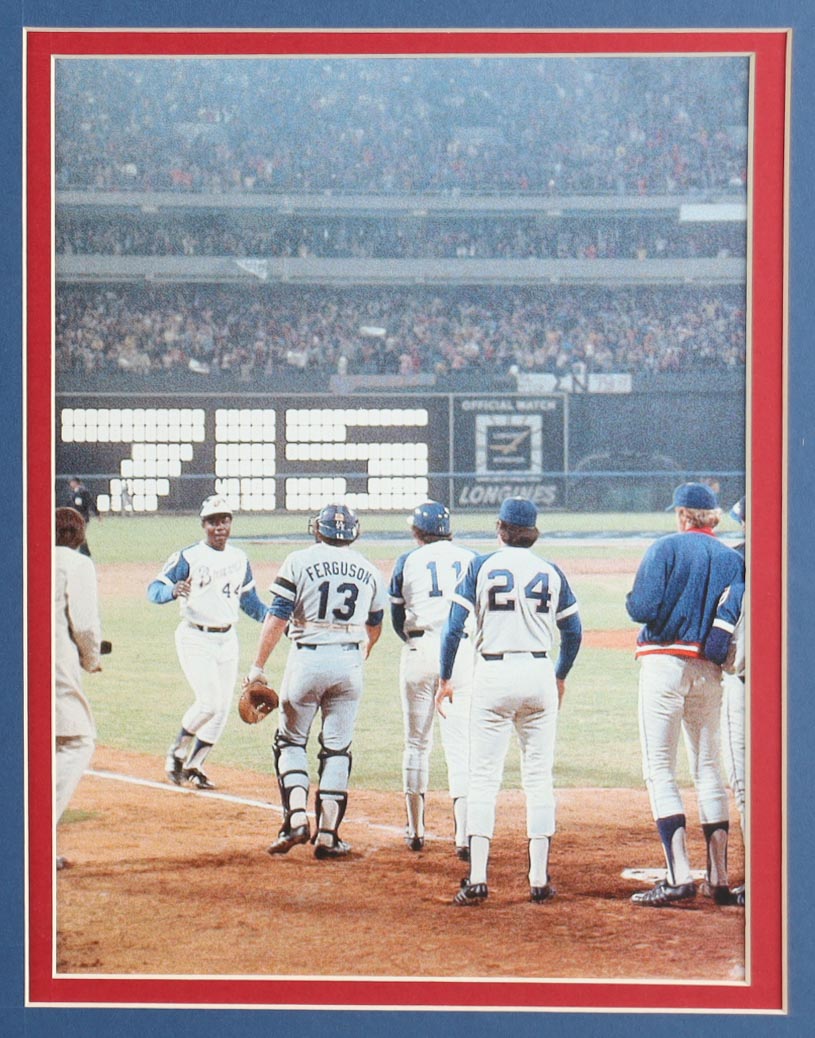 Hank Aaron Signed Custom Framed Cut Display with Jersey & 1974 715 HR Pin (PSA) at PristineAuction.com Hank Aaron Signed Custom Framed Cut Display with Jersey & 1974 715 HR Pin (PSA) at PristineAuction.com