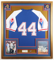 Hank Aaron Signed Custom Framed Cut Display with Jersey & 1974 715 HR Pin (PSA) at PristineAuction.com
