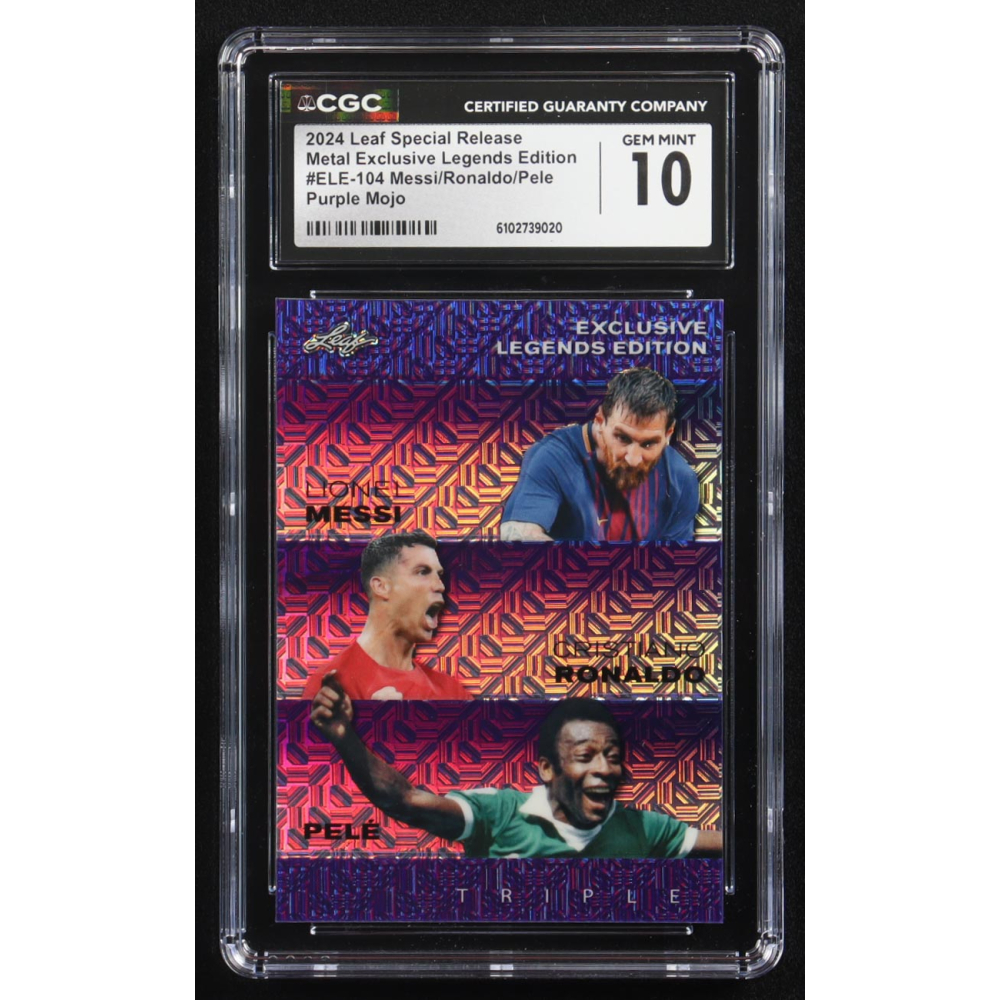 Pele / Lionel Messi / Cristiano Ronaldo 2024 Leaf Special Release Metal Exclusive Legends Edition Purple Mojo Triple #ELE-104 #7/15 (CGC 10) at PristineAuction.com