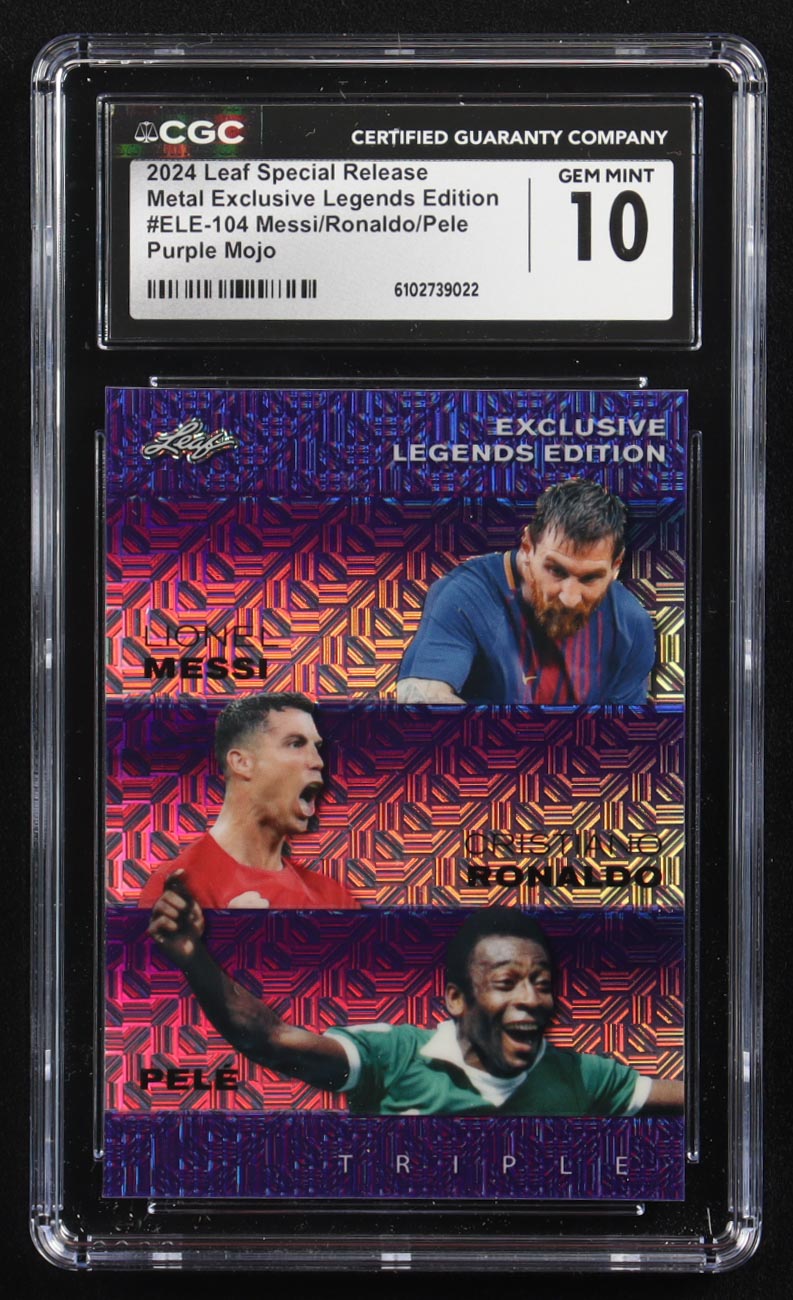 Pele / Lionel Messi / Cristiano Ronaldo 2024 Leaf Special Release Metal Exclusive Legends Edition Purple Mojo Triple #ELE-104 #5/15 (CGC 10) at PristineAuction.com Pele / Lionel Messi / Cristiano Ronaldo 2024 Leaf Special Release Metal Exclusive Legends Edition Purple Mojo Triple #ELE-104 #5/15 (CGC 10) at PristineAuction.com