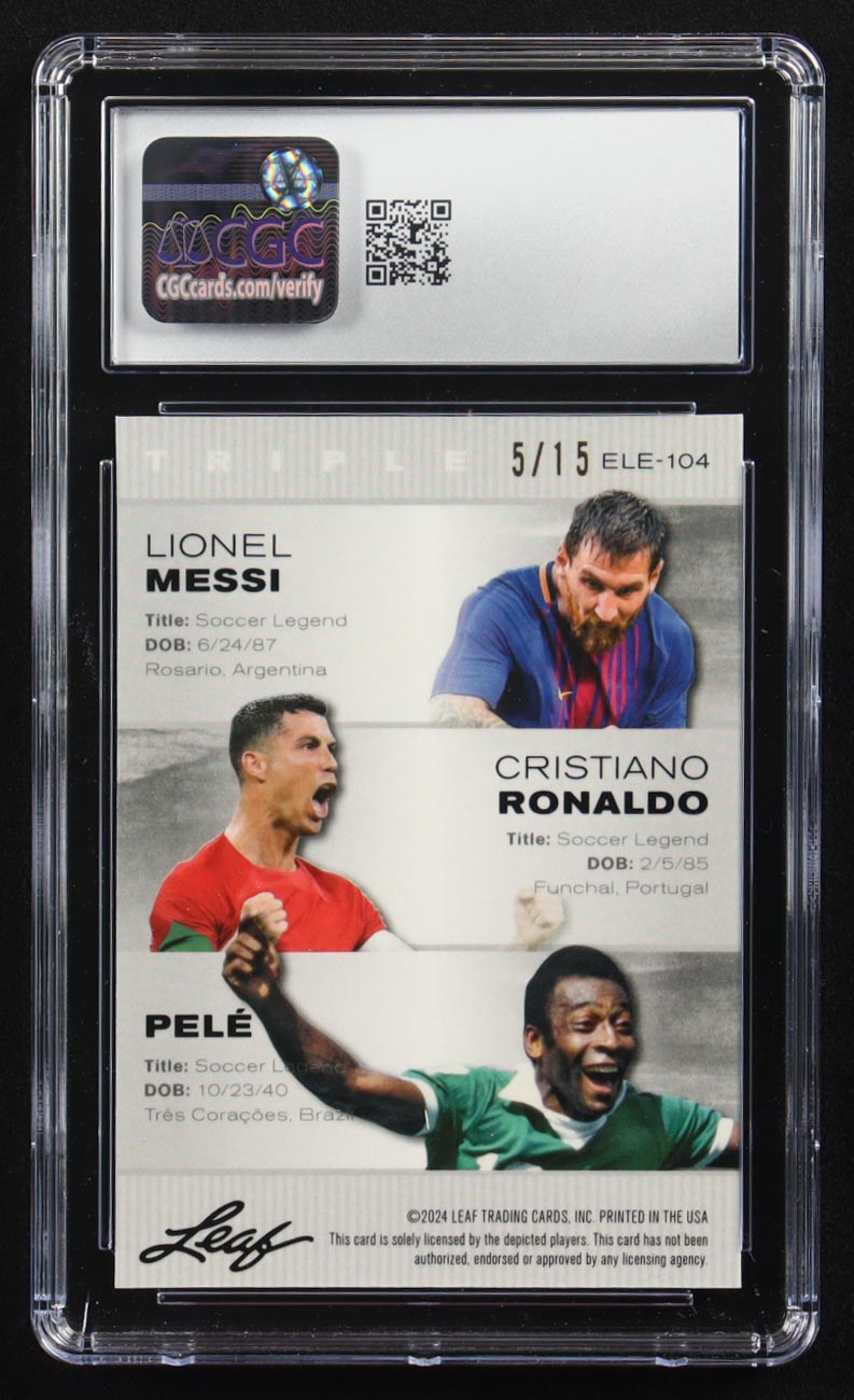 Pele / Lionel Messi / Cristiano Ronaldo 2024 Leaf Special Release Metal Exclusive Legends Edition Purple Mojo Triple #ELE-104 #5/15 (CGC 10) at PristineAuction.com Pele / Lionel Messi / Cristiano Ronaldo 2024 Leaf Special Release Metal Exclusive Legends Edition Purple Mojo Triple #ELE-104 #5/15 (CGC 10) at PristineAuction.com