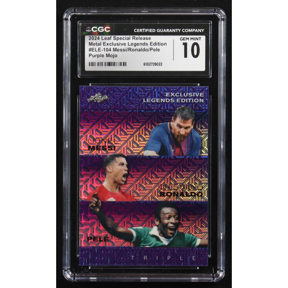 Pele / Lionel Messi / Cristiano Ronaldo 2024 Leaf Special Release Metal Exclusive Legends Edition Purple Mojo Triple #ELE-104 #5/15 (CGC 10) at PristineAuction.com