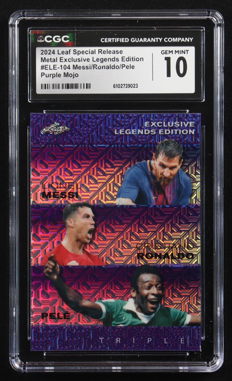 Pele / Lionel Messi / Cristiano Ronaldo 2024 Leaf Special Release Metal Exclusive Legends Edition Purple Mojo Triple #ELE-104 #4/15 (CGC 10) at PristineAuction.com Pele / Lionel Messi / Cristiano Ronaldo 2024 Leaf Special Release Metal Exclusive Legends Edition Purple Mojo Triple #ELE-104 #4/15 (CGC 10) at PristineAuction.com