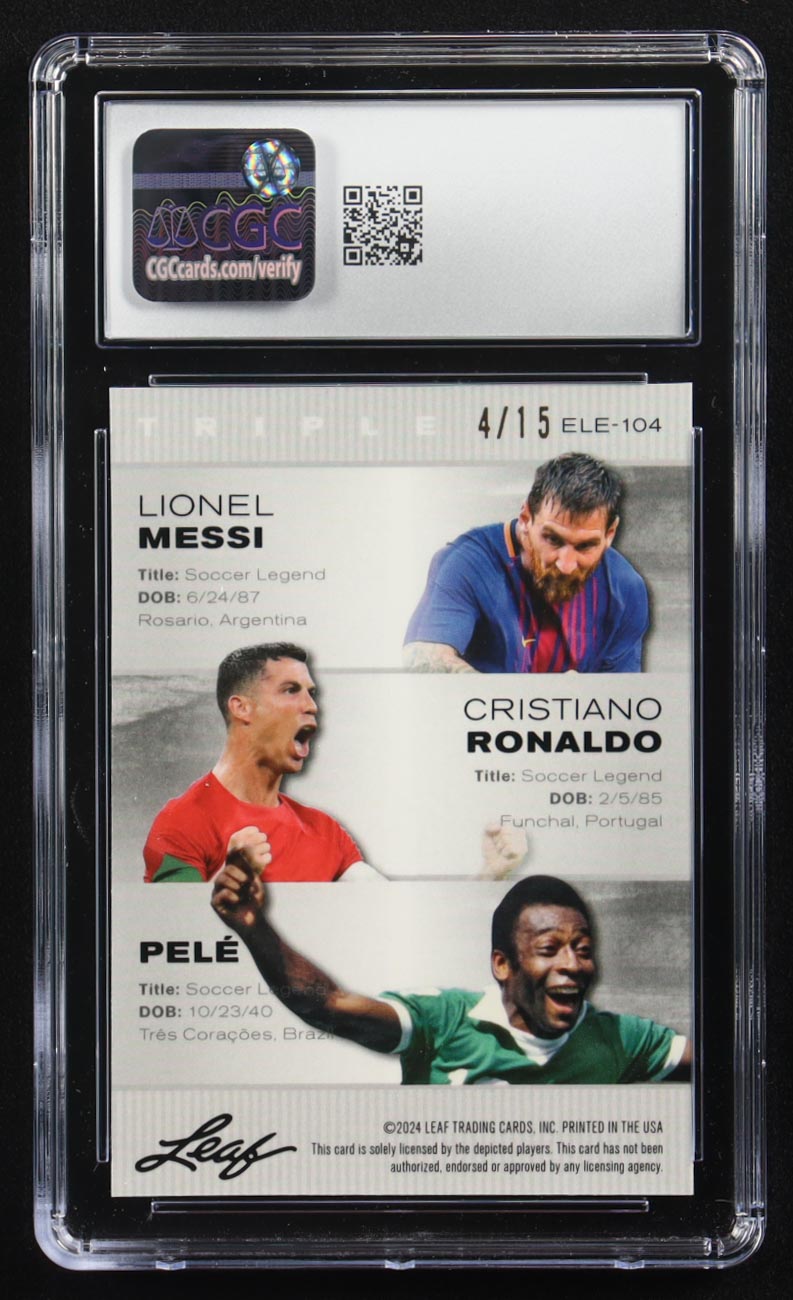 Pele / Lionel Messi / Cristiano Ronaldo 2024 Leaf Special Release Metal Exclusive Legends Edition Purple Mojo Triple #ELE-104 #4/15 (CGC 10) at PristineAuction.com Pele / Lionel Messi / Cristiano Ronaldo 2024 Leaf Special Release Metal Exclusive Legends Edition Purple Mojo Triple #ELE-104 #4/15 (CGC 10) at PristineAuction.com