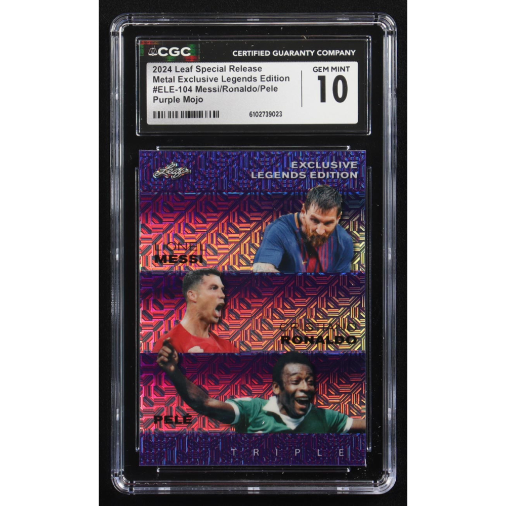 Pele / Lionel Messi / Cristiano Ronaldo 2024 Leaf Special Release Metal Exclusive Legends Edition Purple Mojo Triple #ELE-104 #4/15 (CGC 10) at PristineAuction.com