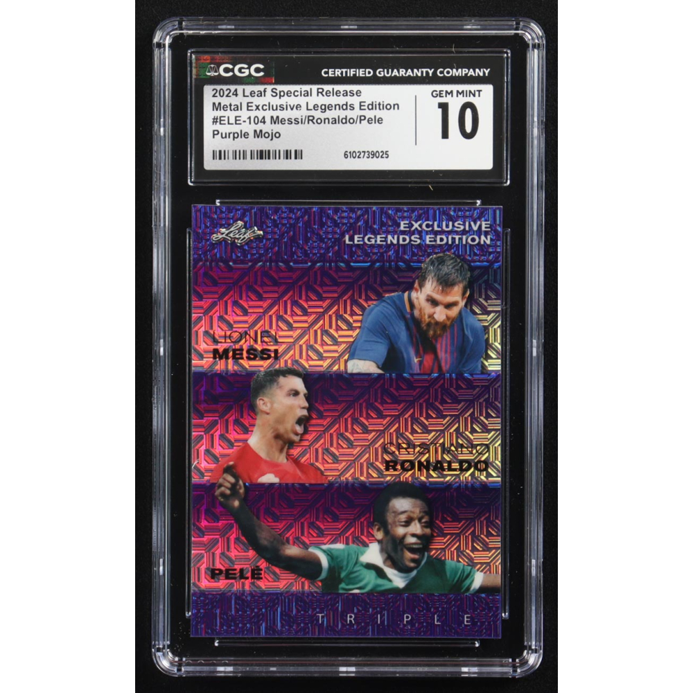 Pele / Lionel Messi / Cristiano Ronaldo 2024 Leaf Special Release Metal Exclusive Legends Edition Purple Mojo Triple #ELE-104 #1/15 (CGC 10) at PristineAuction.com