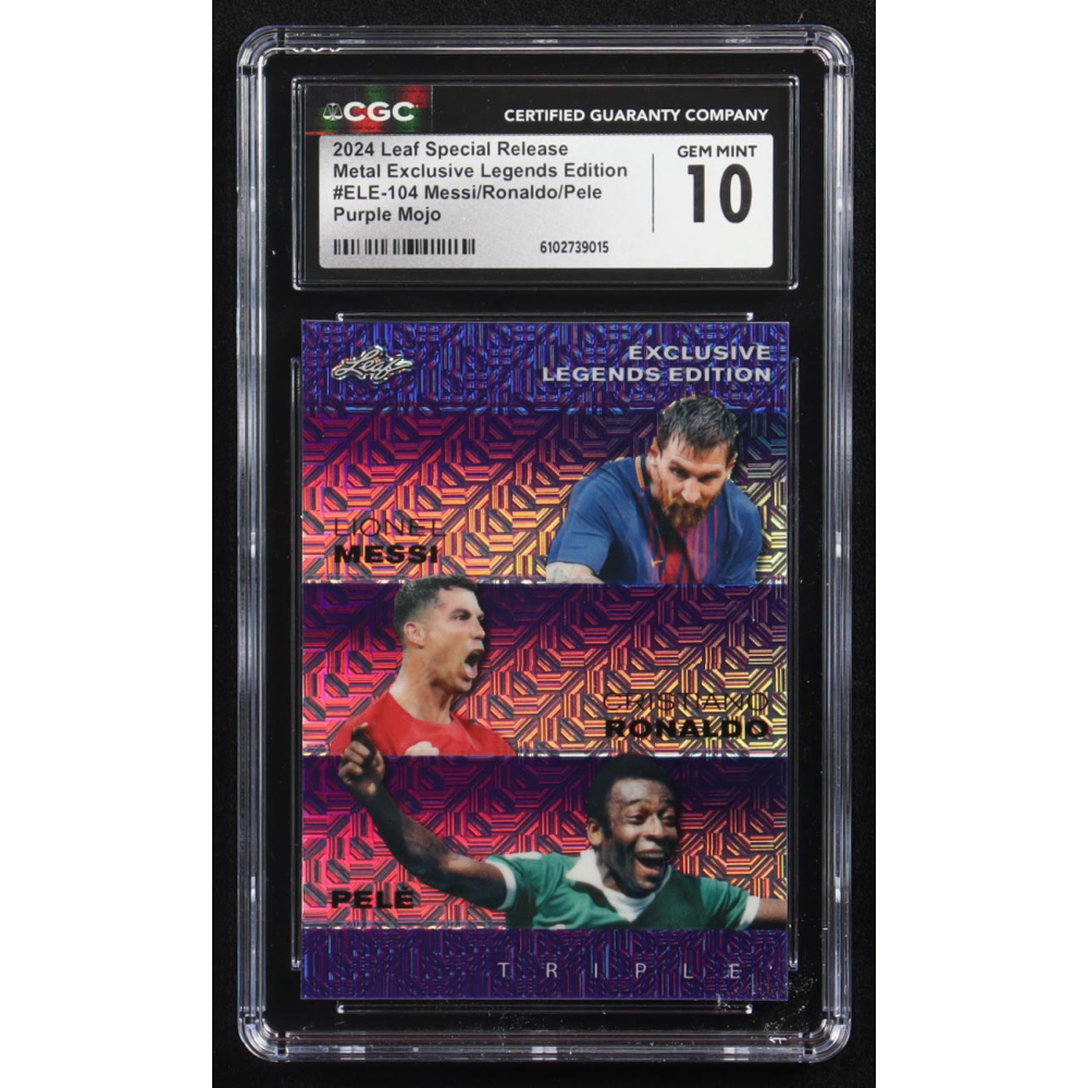 Pele / Lionel Messi / Cristiano Ronaldo 2024 Leaf Special Release Metal Exclusive Legends Edition Purple Mojo Triple #ELE-104 #13/15 (CGC 10) at PristineAuction.com