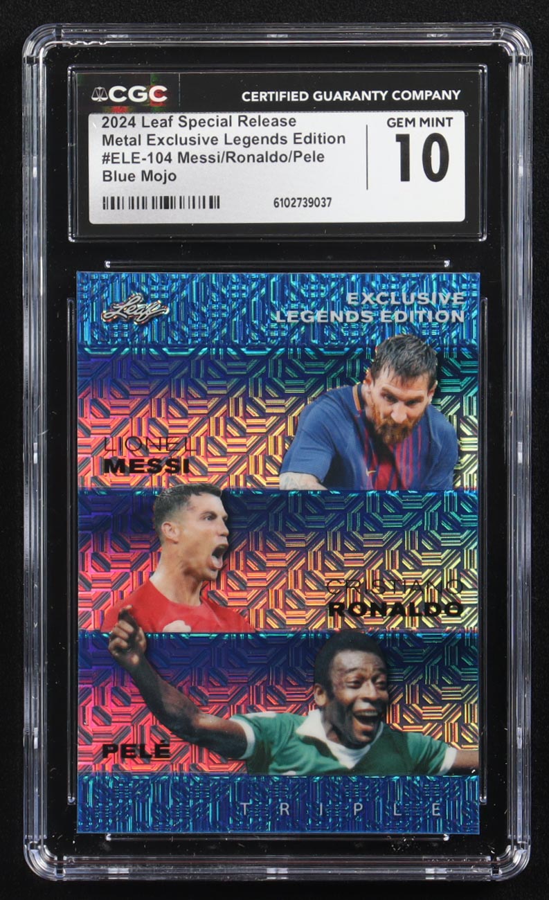 Pele / Lionel Messi / Cristiano Ronaldo 2024 Leaf Special Release Metal Exclusive Legends Edition Blue Mojo Triple #ELE-104 #5/20 (CGC 10) at PristineAuction.com Pele / Lionel Messi / Cristiano Ronaldo 2024 Leaf Special Release Metal Exclusive Legends Edition Blue Mojo Triple #ELE-104 #5/20 (CGC 10) at PristineAuction.com