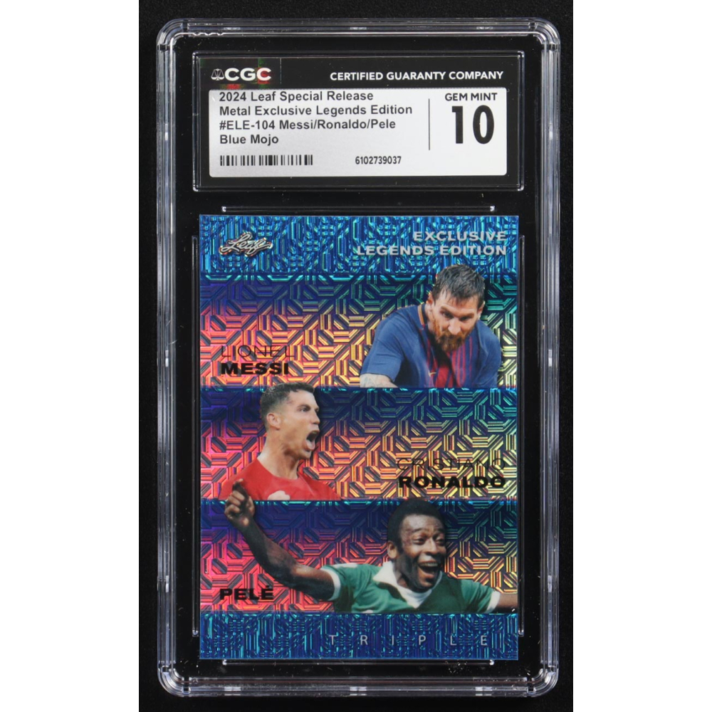 Pele / Lionel Messi / Cristiano Ronaldo 2024 Leaf Special Release Metal Exclusive Legends Edition Blue Mojo Triple #ELE-104 #5/20 (CGC 10) at PristineAuction.com