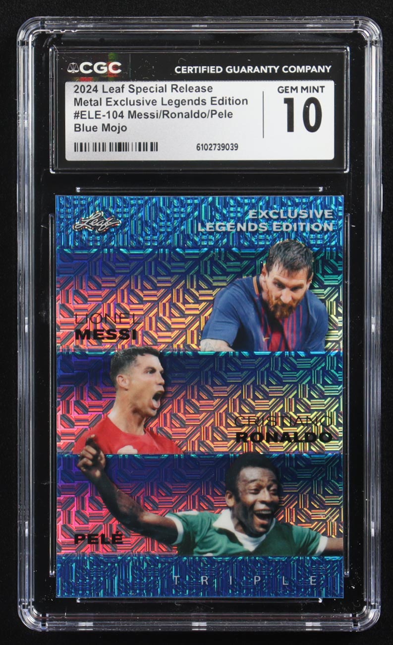 Pele / Lionel Messi / Cristiano Ronaldo 2024 Leaf Special Release Metal Exclusive Legends Edition Blue Mojo Triple #ELE-104 #2/20 (CGC 10) at PristineAuction.com Pele / Lionel Messi / Cristiano Ronaldo 2024 Leaf Special Release Metal Exclusive Legends Edition Blue Mojo Triple #ELE-104 #2/20 (CGC 10) at PristineAuction.com