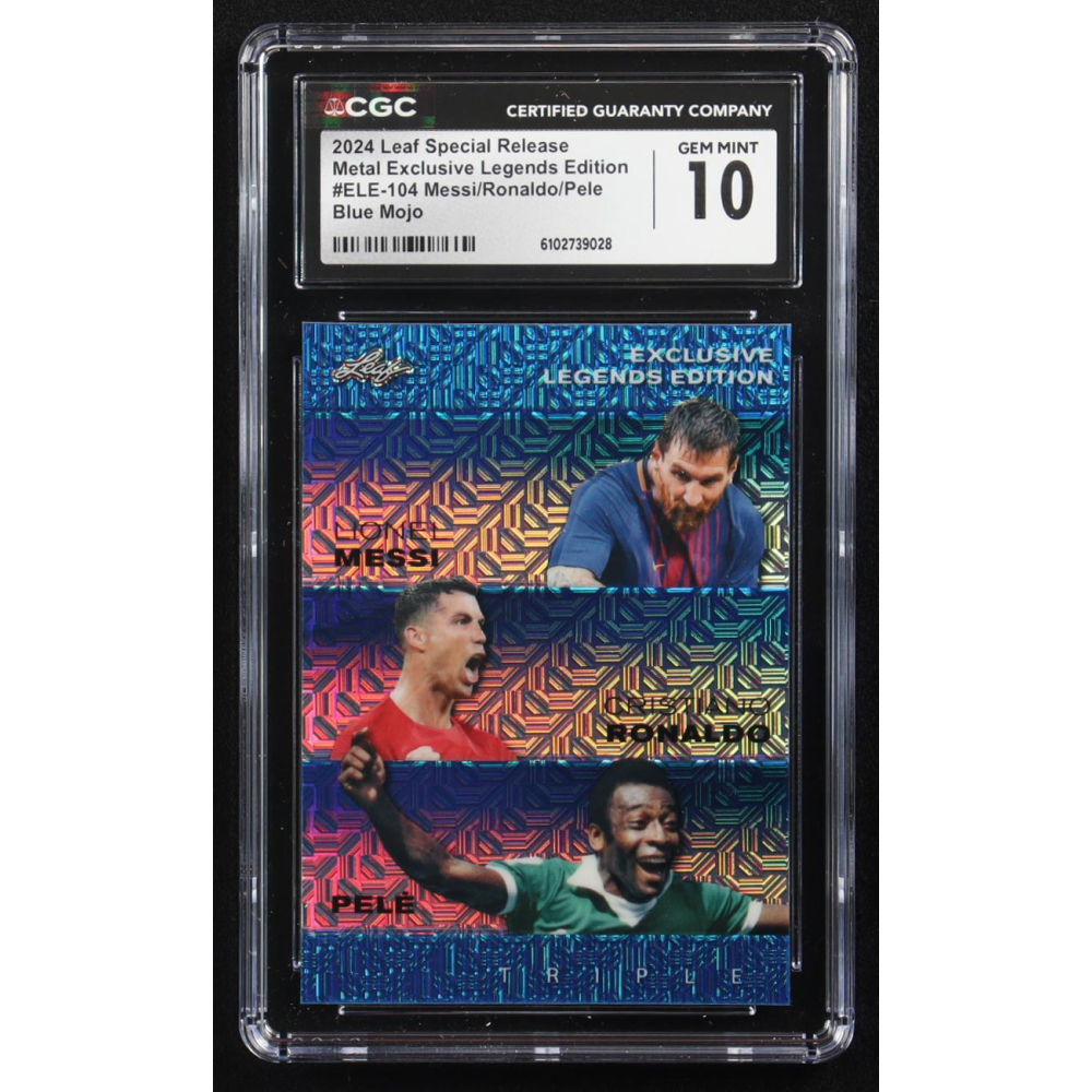 Pele / Lionel Messi / Cristiano Ronaldo 2024 Leaf Special Release Metal Exclusive Legends Edition Blue Mojo Triple #ELE-104 #15/20 (CGC 10) at PristineAuction.com