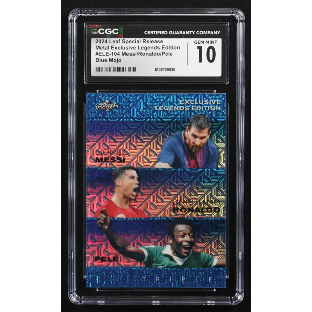 Pele / Lionel Messi / Cristiano Ronaldo 2024 Leaf Special Release Metal Exclusive Legends Edition Blue Mojo Triple #ELE-104 #13/20 (CGC 10) at PristineAuction.com