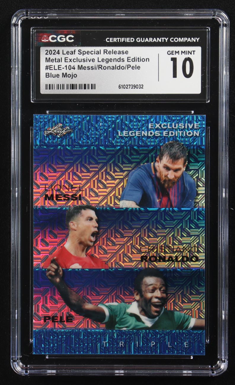 Pele / Lionel Messi / Cristiano Ronaldo 2024 Leaf Special Release Metal Exclusive Legends Edition Blue Mojo Triple #ELE-104 #11/20 (CGC 10) at PristineAuction.com Pele / Lionel Messi / Cristiano Ronaldo 2024 Leaf Special Release Metal Exclusive Legends Edition Blue Mojo Triple #ELE-104 #11/20 (CGC 10) at PristineAuction.com