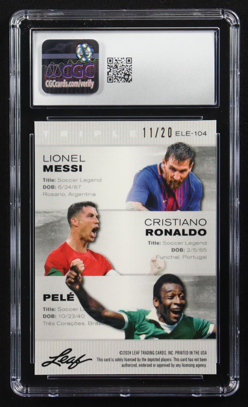 Pele / Lionel Messi / Cristiano Ronaldo 2024 Leaf Special Release Metal Exclusive Legends Edition Blue Mojo Triple #ELE-104 #11/20 (CGC 10) at PristineAuction.com Pele / Lionel Messi / Cristiano Ronaldo 2024 Leaf Special Release Metal Exclusive Legends Edition Blue Mojo Triple #ELE-104 #11/20 (CGC 10) at PristineAuction.com