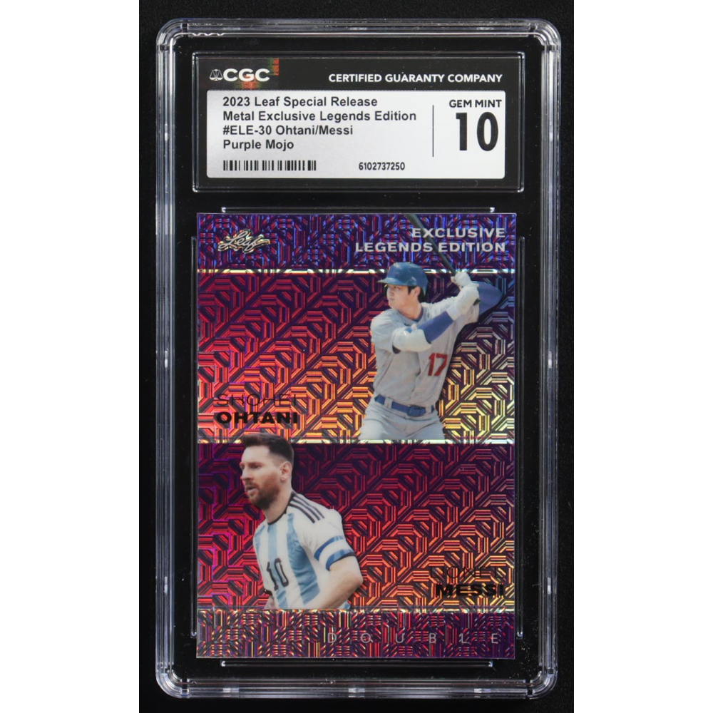 Lionel Messi / Shohei Ohtani 2023 Leaf Special Release Metal Exclusive Legends Edition Purple Mojo Double #ELE-30 #1/15 (CGC 10) at PristineAuction.com