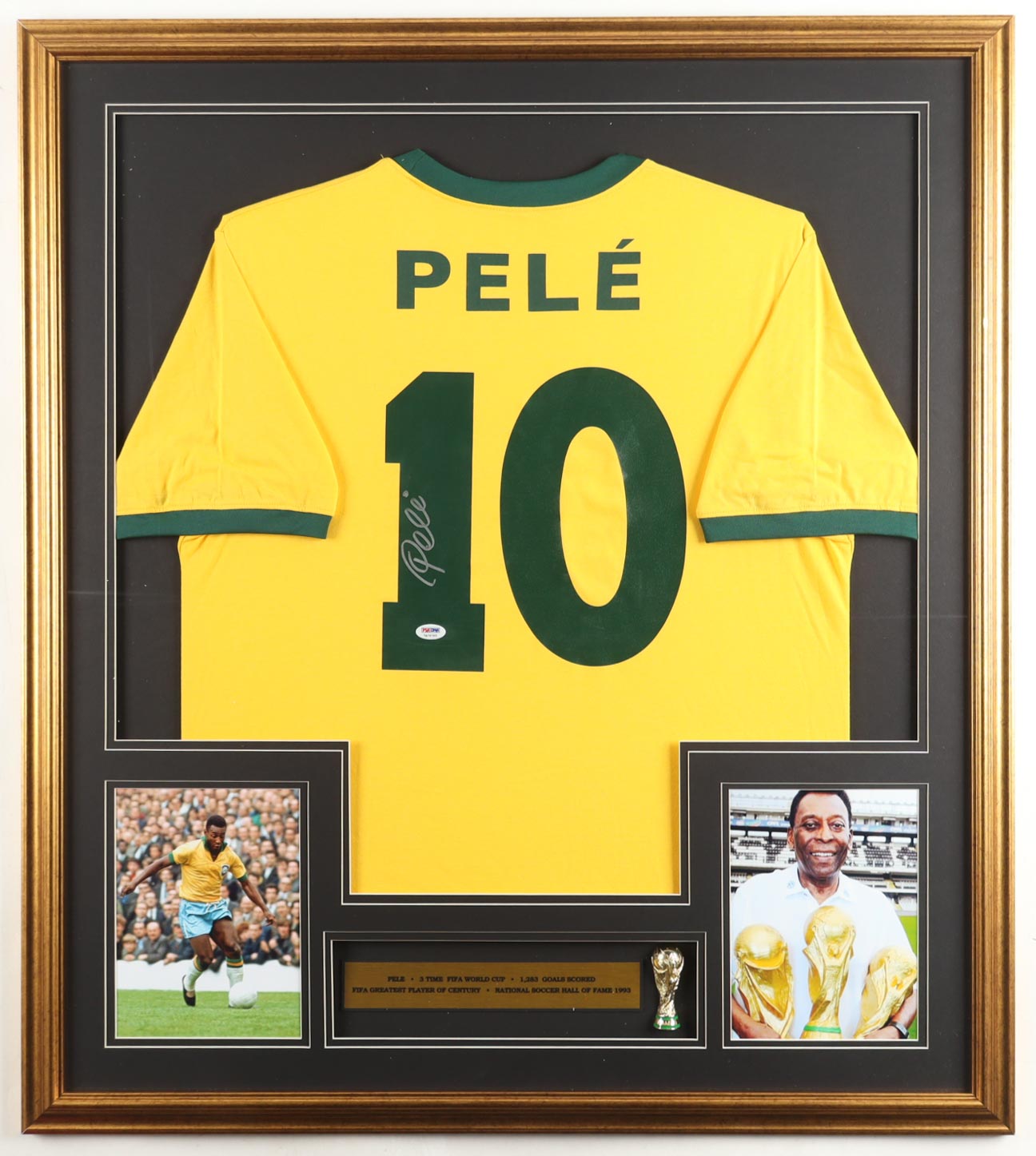 Pele Signed Custom Framed Jersey Display with World Cup Trophy Pin (PSA) at PristineAuction.com Pele Signed Custom Framed Jersey Display with World Cup Trophy Pin (PSA) at PristineAuction.com