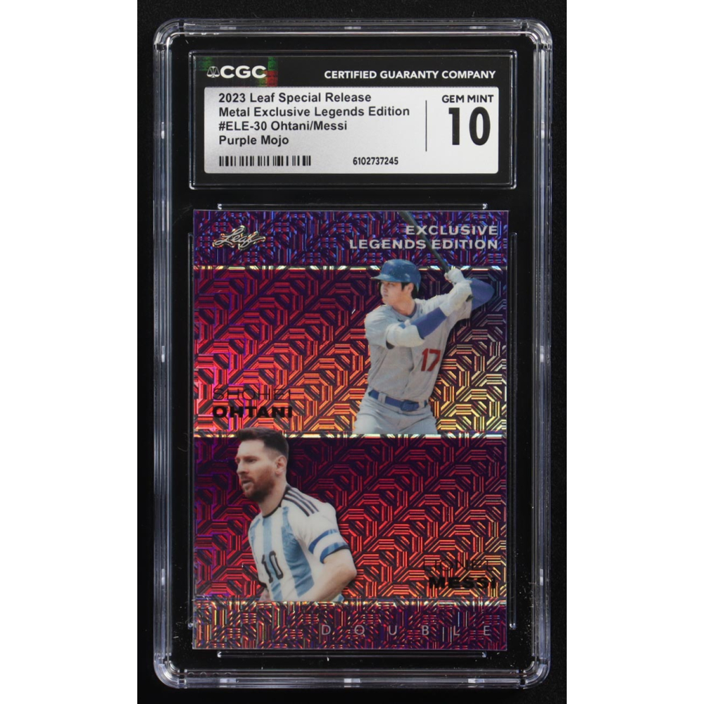 Lionel Messi / Shohei Ohtani 2023 Leaf Special Release Metal Exclusive Legends Edition Purple Mojo Double #ELE-30 #10/15 (CGC 10) at PristineAuction.com