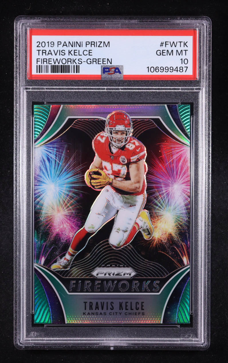 Travis Kelce 2019 Panini Prizm Fireworks Prizms Green #15 (PSA 10) at PristineAuction.com Travis Kelce 2019 Panini Prizm Fireworks Prizms Green #15 (PSA 10) at PristineAuction.com