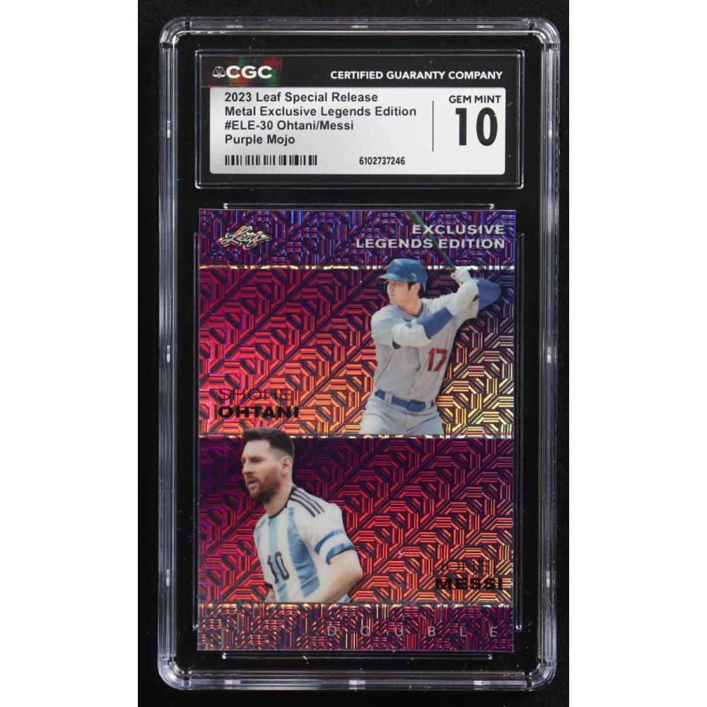 Lionel Messi / Shohei Ohtani 2023 Leaf Special Release Metal Exclusive Legends Edition Purple Mojo Double #ELE-30 #9/15 (CGC 10) at PristineAuction.com